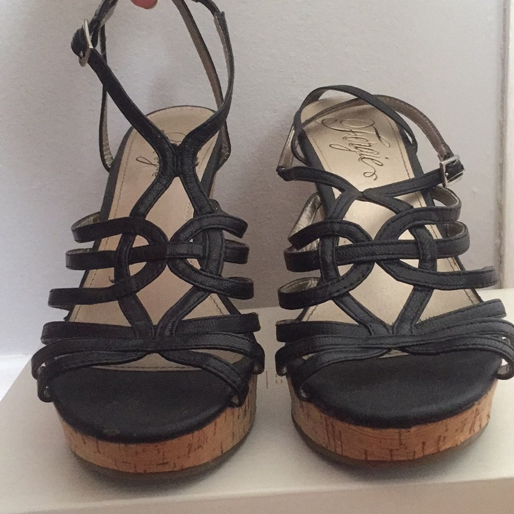Fergie Black Strappy Cork Wedges